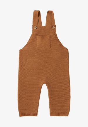 Braune gestrickte Baby-Overall mit verstellbaren Schulterriemen, Fronttasche und Knopfverschluss an den Trägern.