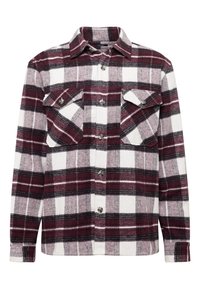 Chemise à manches longues boutonnée avec motif à carreaux bordeaux, noir et blanc, et deux poches avant à rabat avec boutons.