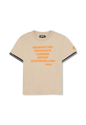 Beige short-sleeve T-shirt featuring bold orange text of Manhattan boroughs. Black and white striped accents on sleeves. Cotton material.