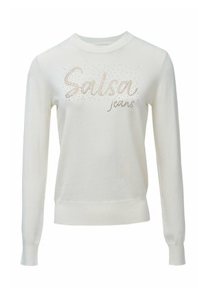 Suéter blanco de manga larga y cuello redondo. Presenta "Salsa Jeans" en pedrería en el frente. Material de punto suave.