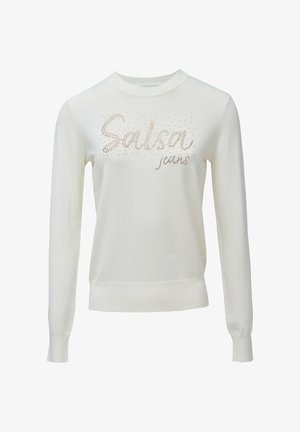 Pull blanc à manches longues et col rond. Affiche "Salsa Jeans" en strass sur le devant. Matière en maille douce.
