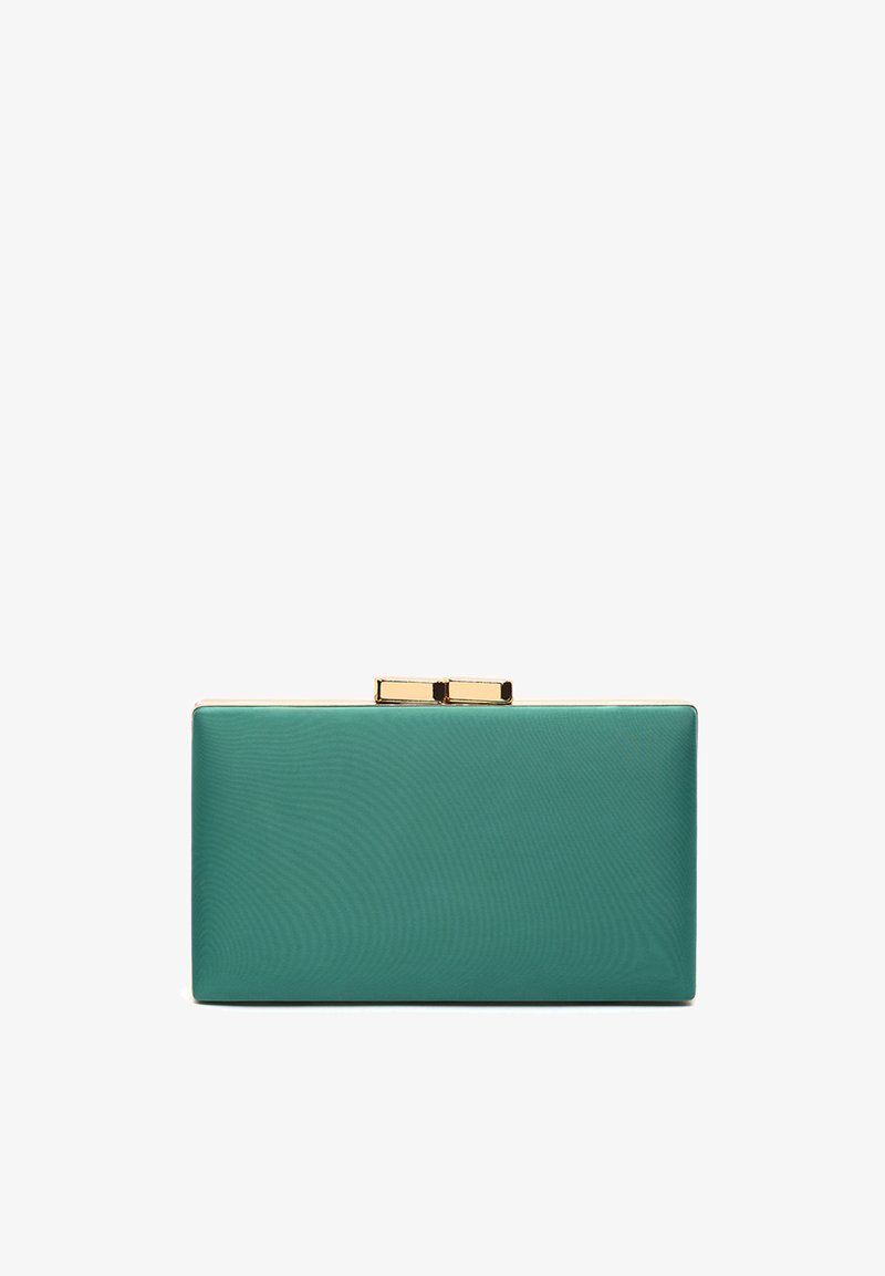 Teal rectangular clutch made of smooth material, featuring a gold clasp closure and minimalistic design. No visible patterns or accents.