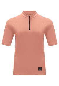 Krátky rukáv, koralová farba, blúzka s polo-zipsovým golierom, vyrobená z hladkej, ľahkej látky, s logom na dolnej ľavej strane.
