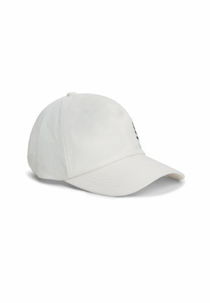 Weißes Baumwoll-Baseballcap mit geschwungenem Schirm und grüner Stickerei auf der Vorderseite, präsentiert vor weißem Hintergrund.