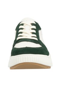Green suede sneaker featuring white leather accents, lace-up design, and a textured gum rubber sole. Front view focuses on details of the laces.