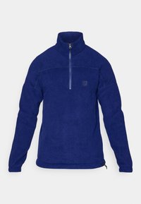 Navyblauwe fleece pullover met een half ritssluiting, voorzien van een logo op de borst, elastische manchetten en een trekkoord aan de onderkant voor een verstelbare pasvorm.