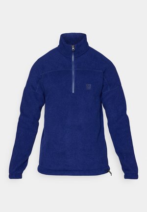 Navy blue fleece pullover with a half zip collar, featuring a logo on the chest, elastic cuffs, and a drawstring hem for adjustable fit.