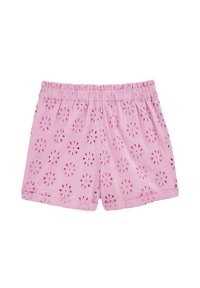 Rozā kokvilnas šorti ar izšūtu ziedu rakstu un izgriezumiem, elastīga josta un brīvs piegriezums.