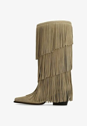 Hoge beige suède laars met gelaagde lange franjes en een lage zwarte hak, voorzien van een puntige neus en een ritssluiting aan de zijkant.