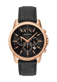 Orologio da polso da uomo Armani Exchange con cinturino in pelle nera, cassa in oro rosa, quadrante nero, tre sottodial e display della data alle 4.