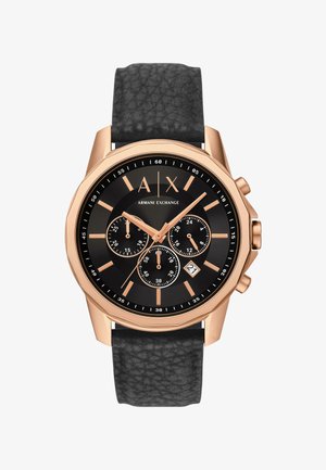 Montre pour homme Armani Exchange avec bracelet en cuir noir, boîtier en or rose, cadran noir, trois sous-cadrans et affichage de la date à 4 heures.