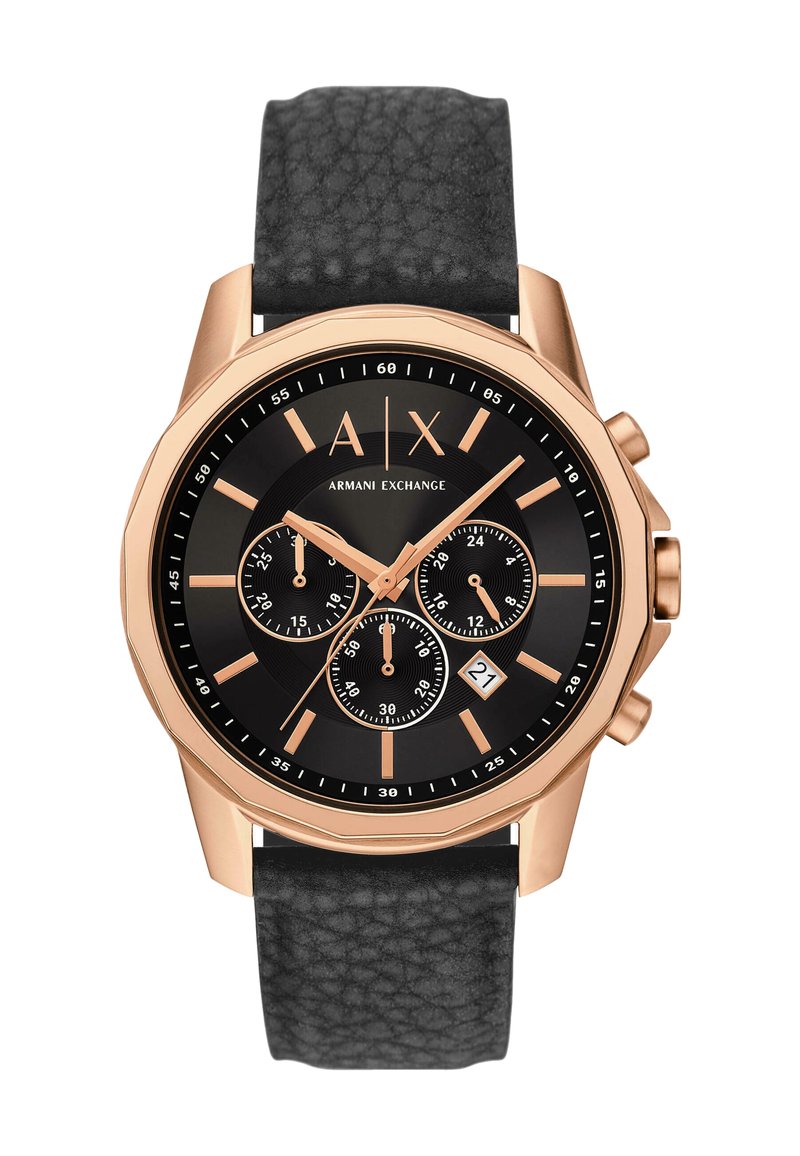Orologio da polso da uomo Armani Exchange con cinturino in pelle nera, cassa in oro rosa, quadrante nero, tre sottodial e display della data alle 4.