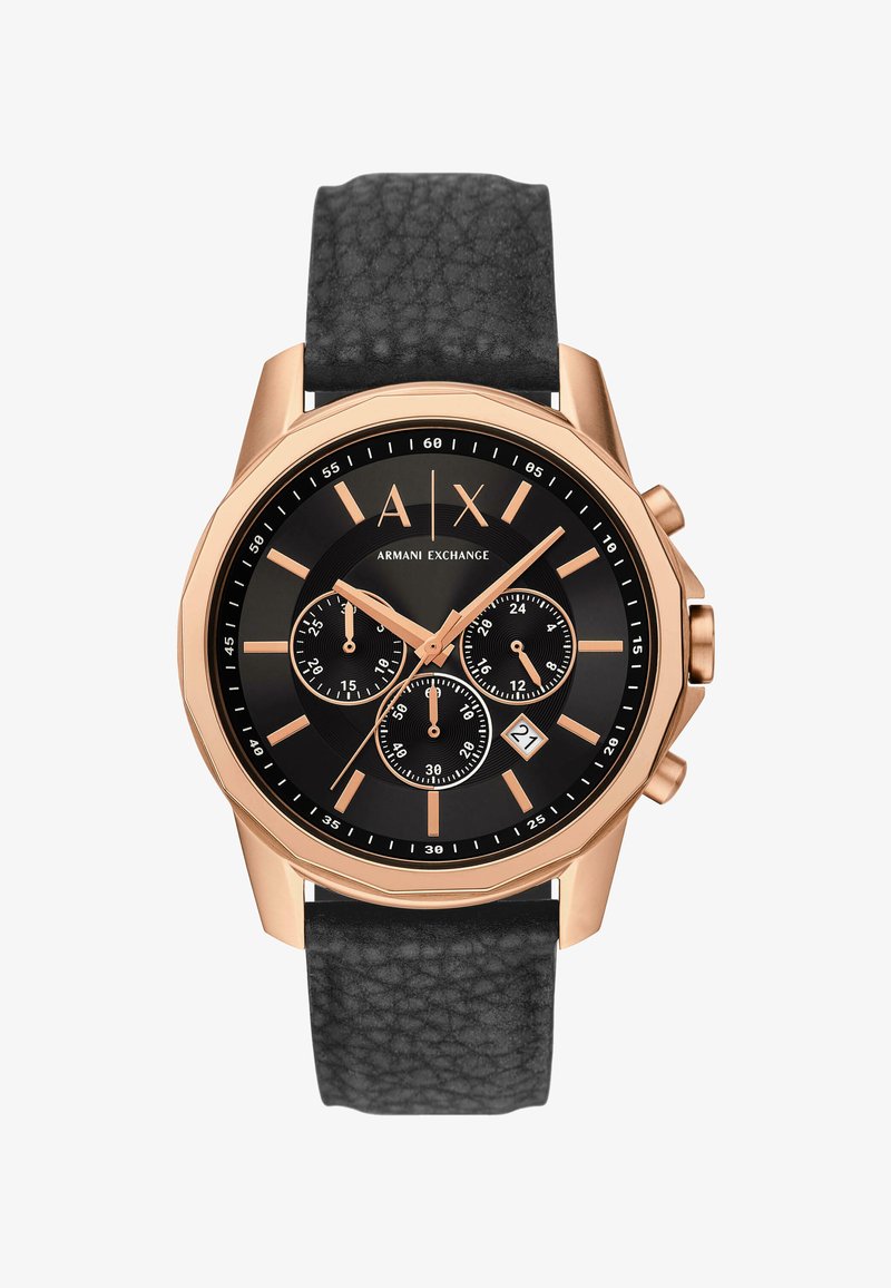 Orologio da polso da uomo Armani Exchange con cinturino in pelle nera, cassa in oro rosa, quadrante nero, tre sottodial e display della data alle 4.