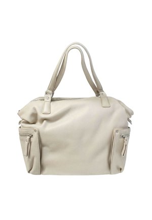 Borsa a mano in pelle beige con doppi manici, due tasche laterali con cerniera e chiusura superiore con cerniera su sfondo bianco.