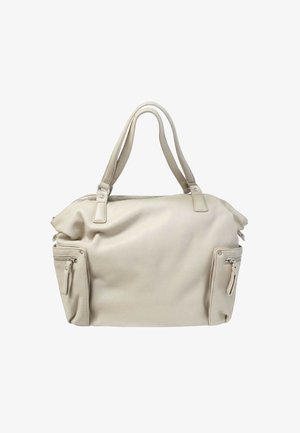 Borsa a mano in pelle beige con doppi manici, due tasche laterali con cerniera e chiusura superiore con cerniera su sfondo bianco.