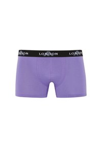 Purple boxer briefs made of soft fabric, featuring a black elastic waistband with "LONDON" printed in grey. Classic fit with a smooth texture.