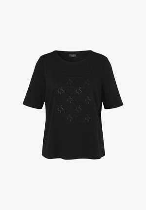 Zwart shirt met korte mouwen, ronde hals en subtiel reliëf met bloemmotief in ruitpatroon op het voorste midden.