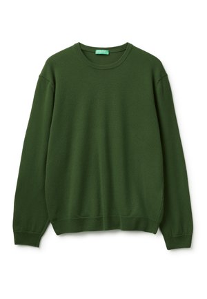 Suéter de cuello redondo de manga larga en tejido de punto verde oscuro sólido, con puños y dobladillo acanalados, tendido sobre un fondo blanco.