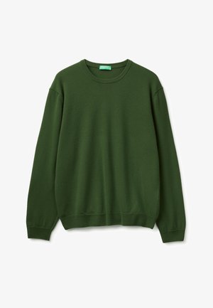 Maglione a maniche lunghe con scollo rotondo in morbido tessuto a maglia verde scuro, con polsini e orlo a costine, posato su uno sfondo bianco.