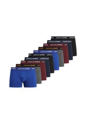 Pakke med 12 herreboxershorts i forskellige farver, herunder blå, sort, grå, burgunder og mørkeblå. Funktioner elastiske waistband med brand.