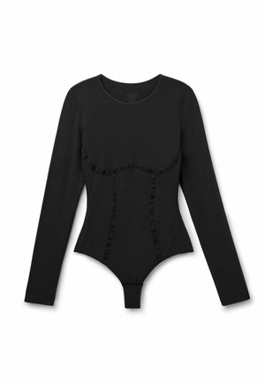 Bodysuit noir à manches longues avec un col rond, présentant des accents froncés le long du bustier et sur le devant, fabriqué en tissu lisse.