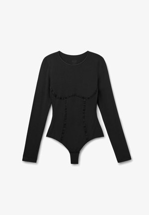 Bodysuit negro de manga larga con cuello redondo, que presenta acentos volantes en el busto y a lo largo del frente, fabricado en una tela suave.