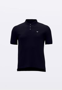 Marineblaues Poloshirt, kurze Ärmel, taillierte Passform, Baumwollmischung, Drei-Knopf-Leiste, kleines Logo auf der Brust, sauberes Design ohne Muster.