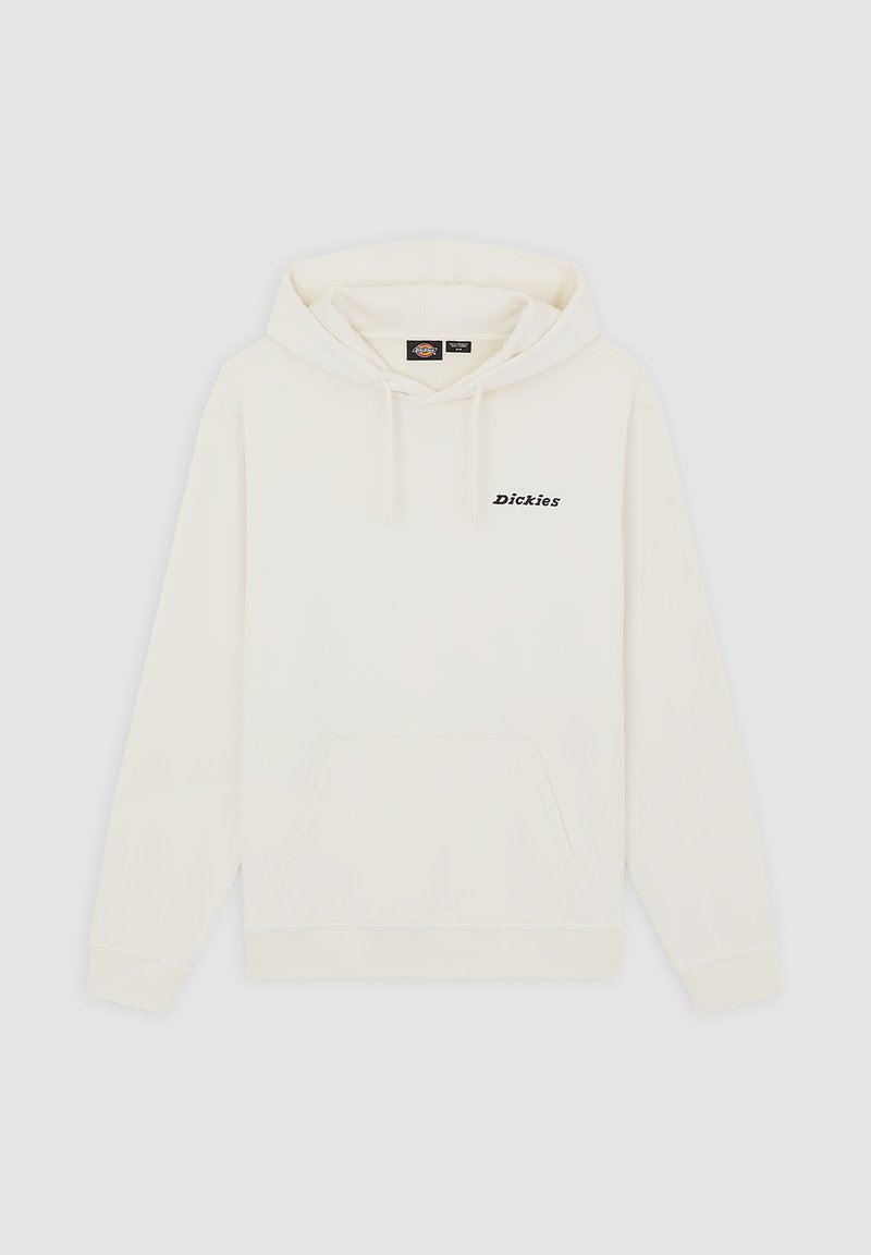 Crèmekleurige hooded sweatshirt van zachte stof, met een voorvak en een zwart "Dickies"-logo op de borst.