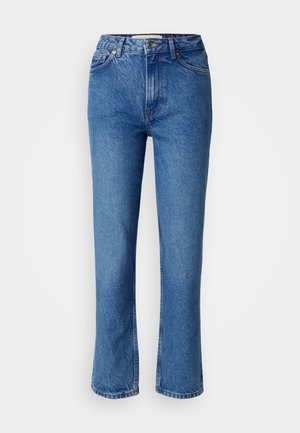 Blue denim jeans with a straight-leg cut, featuring a classic five-pocket design, orange stitching, and a button fly closure.