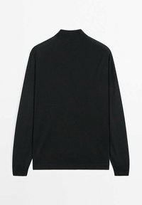 Schwarzes Langarmshirt aus glattem Stoff mit Polo-Kragen, in schlichter Ausführung und geradem Saum auf der Hüfte.