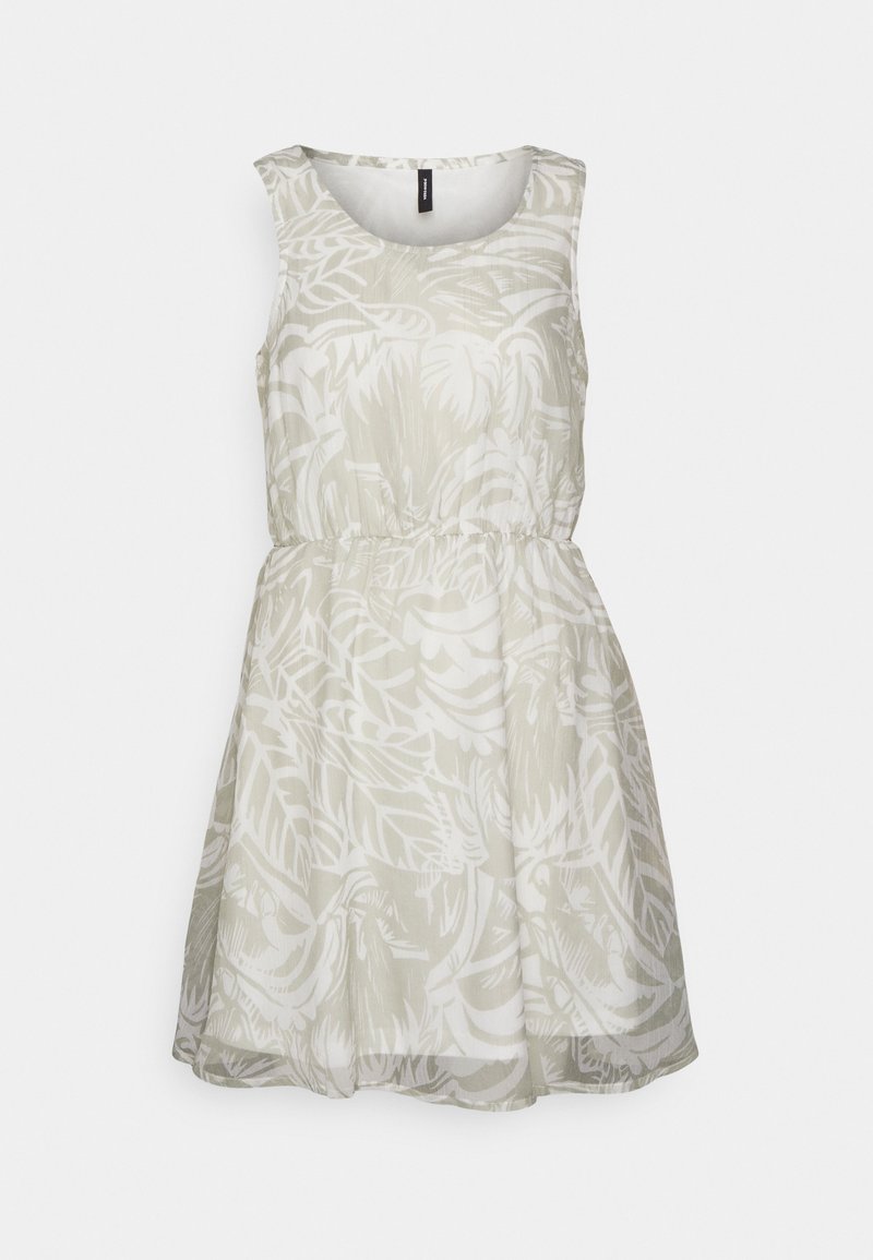 Robe d'été beige sans manches avec motif de feuilles tropicales blanches, taille élastique et encolure ronde.