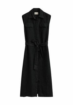 Ärmelloses schwarzes Midikleid mit Kragen, vorderen Klappentaschen, durchgehender Knopfleiste und einem Stoffgürtel in der Taille.