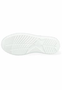 Suela de zapato en goma blanca con superficie texturizada. Presenta estrías y surcos para tracción, con una sección central suave y detalle de logo.