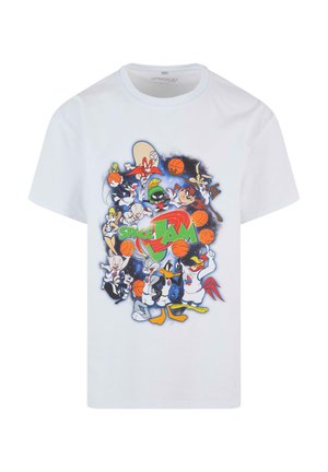 Biała bawełniana koszulka z kolorową grafiką animowanych postaci z "Space Jam" z piłkami do koszykówki oraz logo w żywych kolorach.