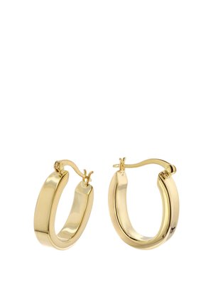Pair of shiny gold rectangular hoop earrings with hinged clasps on a white background.