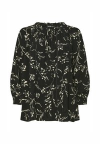 Blusa nera con motivo floreale bianco, design plissettato, maniche lunghe a sbuffo, dettaglio con nodo al collo e accenti testurizzati sulle maniche.