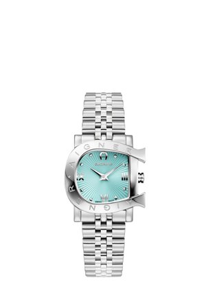 Reloj de pulsera de metal plateado con esfera turquesa efecto estallido de sol, índices horarios en números romanos y bisel en forma de herradura grabado con "Aigner".