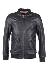 Schwarze Lederjacke mit Stehkragen, Reißverschluss, zwei Fronttaschen und gerippten Bündchen sowie Saum. Glatte Textur ohne sichtbare Muster.