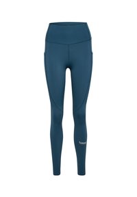 Teal högmidjade leggings gjorda av stretchigt, slätt tyg. Har sidofickor och en logo nära vristen. Formsydd design.