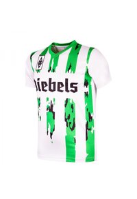 Witte voetbalshirt met korte mouwen, voorzien van groene en zwarte verticale strepen en het "Liebels" logo op de borst, sportteamembleem op de schouder.