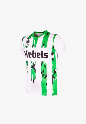 White short-sleeve football jersey with green and black vertical stripes and "Liebels" logo across the chest, sports team emblem on shoulder.