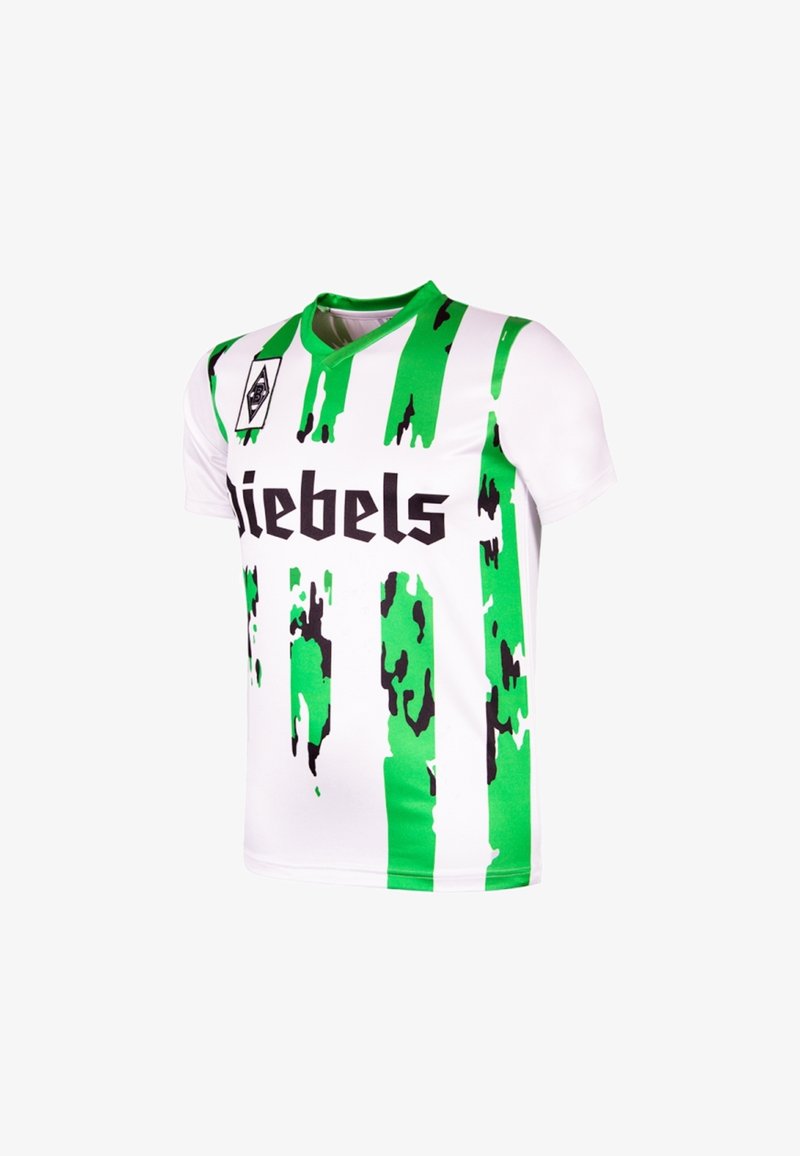 Weißes Fußballtrikot mit kurzen Ärmeln, grünen und schwarzen vertikalen Streifen und dem "Liebels"-Logo auf der Brust, Sportteam-Emblem auf der Schulter.