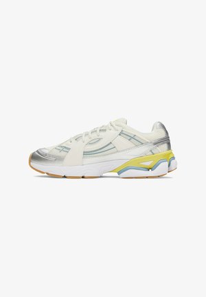 Sport sneakers featuring a white and silver mesh upper, accented with blue and yellow details, and a textured rubber outsole.