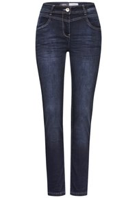 Donkerblauwe spijkerbroek met een slim fit, voorzien van contrasterende stiksels, vijf zakken en een knoopsluiting bij de tailleband.