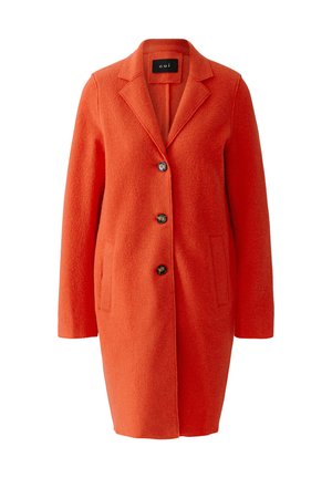 Einreihiger orangefarbener Wollmantel mit drei Knöpfen, Reverskragen mit Kerbe, langen Ärmeln und zwei vorderen Schlitz-Taschen.
