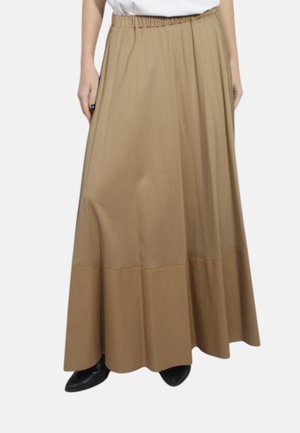 Maxiskjørt i beige, med elastisk midje, glatt tekstur og en svingende design med en subtil to-farget effekt i kanten.