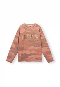 Camicia a maniche lunghe in camuffamento rosa con vestibilità comoda. Presenta il testo dorato "10 DAYS" sul petto e dettagli con orlo grezzo.