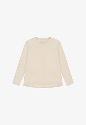 Langarmshirt van een lichtbeige stof. Ronde halslijn, zachte textuur en een rechte snit met een licht gebogen zoom aan de onderkant.