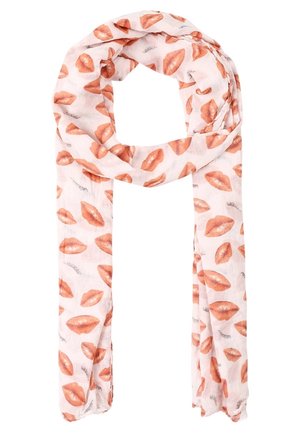 Light pink scarf with repeating orange lip prints and subtle gray eyelash patterns, loosely looped with ends hanging down.