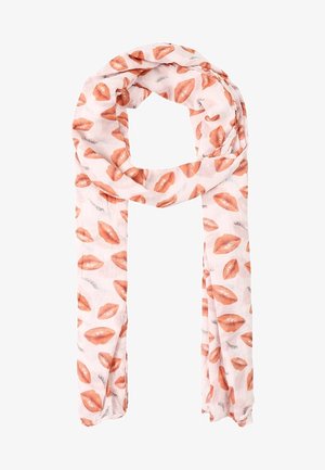 Lichtroze sjaal met terugkerende oranje lipafdrukken en subtiele grijze wimperpatronen, losjes omgeslagen met uiteinden die naar beneden hangen.